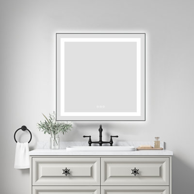 Miroir de salle de bain 30 po x 30 po à DEL avec façade et rétroéclairage, miroir de meuble-lavabo mural avec cadre en aluminium, antibuée, mémoire, 3 couleurs, gradation continue