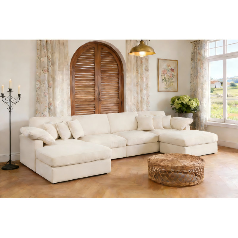 Canapé modulaire moderne en U de 6 pièces avec repose-pieds double de 146 po, Polyester beige