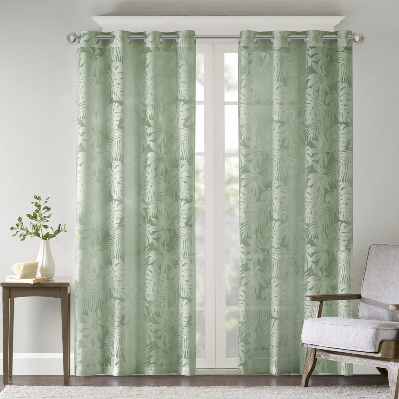 Leilani Palm Leaf Burnout Single Window Sheer, 50" W x 95" L, Sage Green