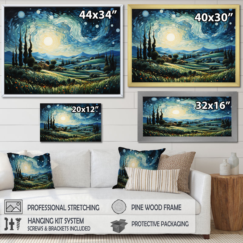 «Vangogh The Swaying Cypress I», art mural Vangogh par Vincent Van Gogh, peinture, Cadre noir, H 34 po x l 44 po x P 1,5 po