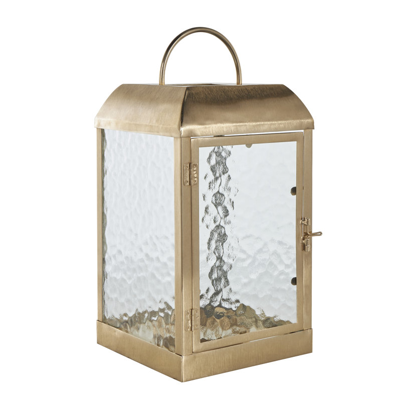 Lanterne à bougie dorée en métal pour l'intérieur et l'extérieur avec verre galet