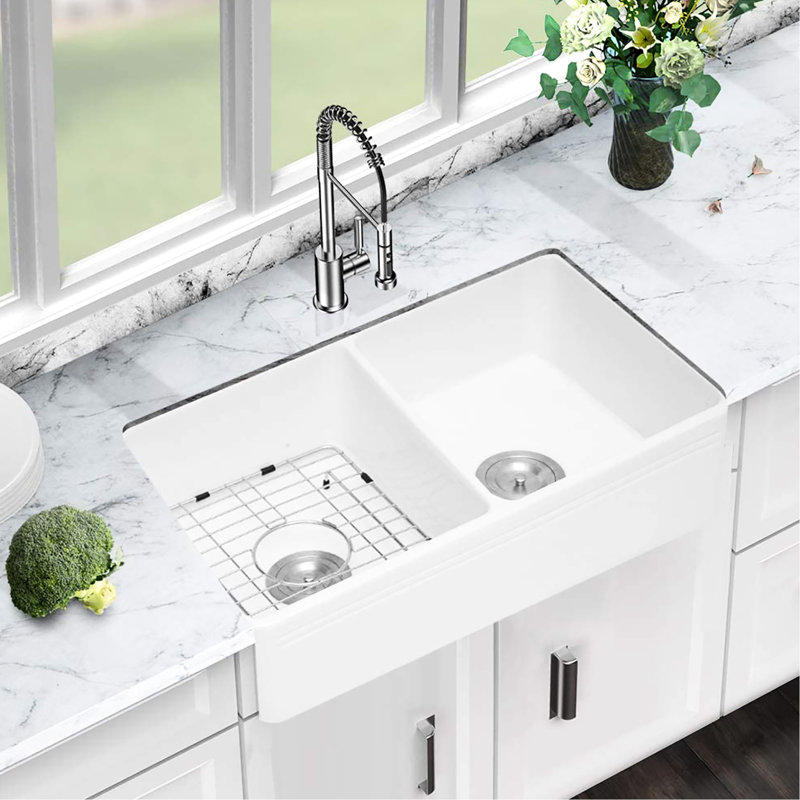 Évier de cuisine en céramique blanche - l 17,71 po x H 9,9 po x P 32,09 po, 93 lb, encastré, rayé et teint, style D H, finition glacis