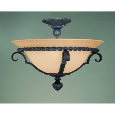 Plafonnier semi-encastré intérieur en fer forgé à la main 3 lumières Sayles 16 po avec abat-jour en verre grès Sayles