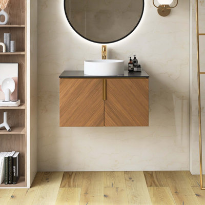 Wall-Mounted Plywood Bathroom Vanity With Black Sintered Stone Countertop&Round Ceramic Basin And Doors, Brown Oak Woodgrain Color