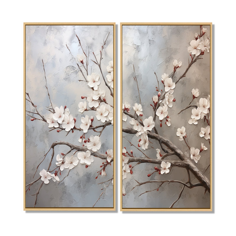 Minimalisme gris et beige fleur de cerisier I - impressions d'art traditionnelles sur toile, H 32 po x l 32 po, Crème, crème
