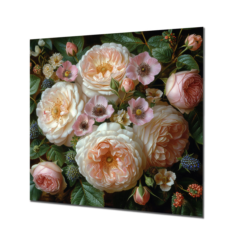 Blooming, rose, blanc, chrysanthèmes, Métal métal, H 16 po x l 16 po x P 1 po