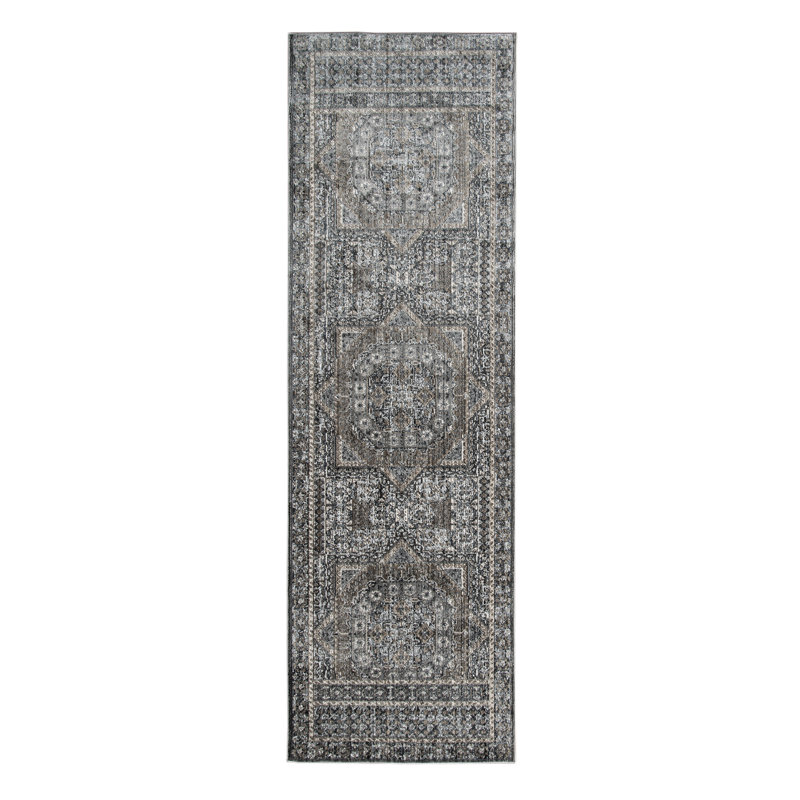 Tapis oriental bleu / brun / gris Caulkins, Tapis de couloir 2 pi 6 po x 7 pi 10 po