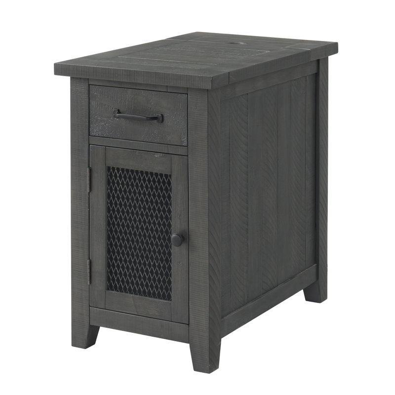 Jakendra Solid Wood End Table with Storage and Built-In Outlets, Grey