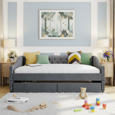 Upholstered Daybed With Two Storage Drawers, Solid Wood Sofa Bed Daybed With Nailhead Trim And Wood Slat Support (gray)