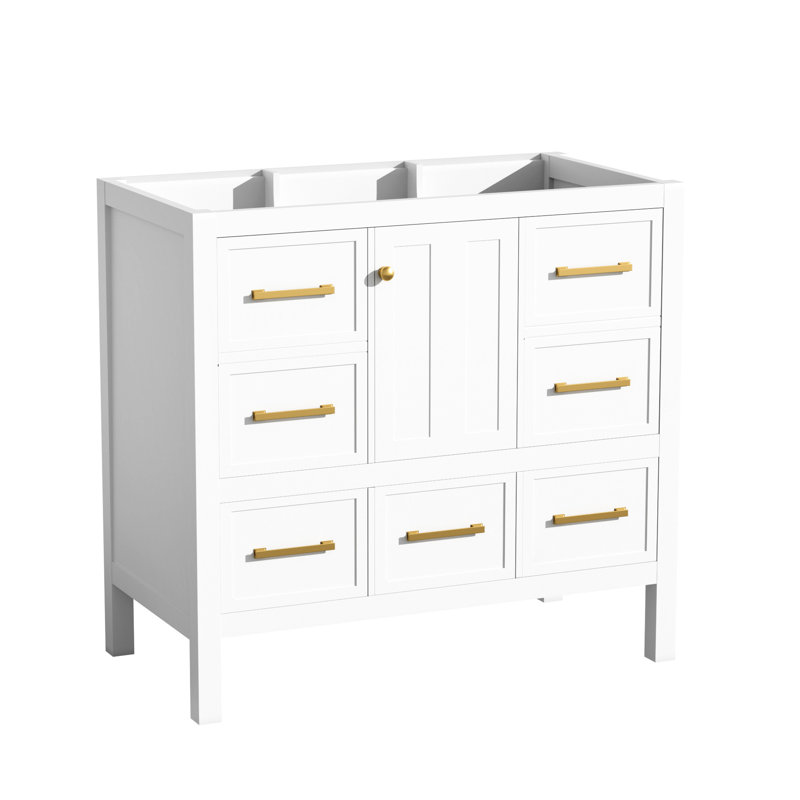 Meuble-lavabo de 36 po, 5 tiroirs, structure en bois blanc, 5 tiroirs, fermeture en douceur, Blanc