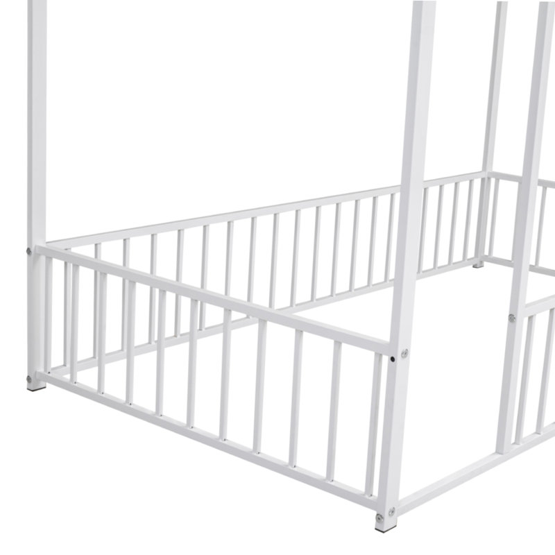 Metal Bed House Bed Frame With Fence, For Kids, Teens, Girls, Boys, Full XL, White