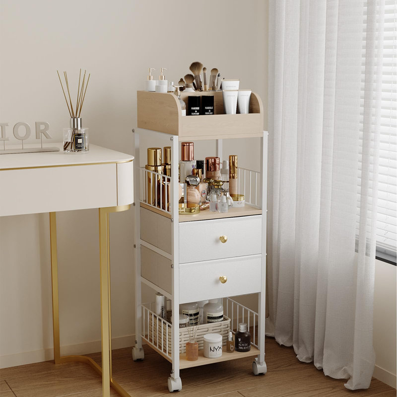 Floor Makeup Organizer Storage Cart,Rolling Makeup Cart With Drawers  (White), White