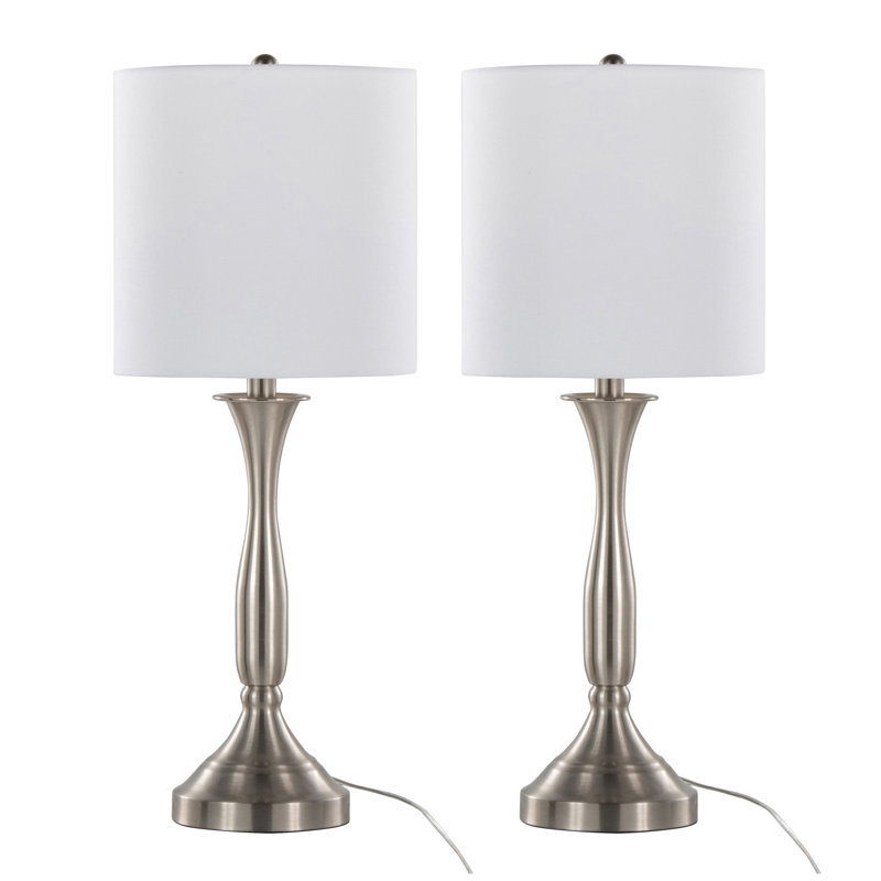 Sawyer 25" Contemporary Table Lamp in Brushed Nickel with White Linen Shade and Built-in USB Port from Grandview Gallery by LumiSource - Set of 2