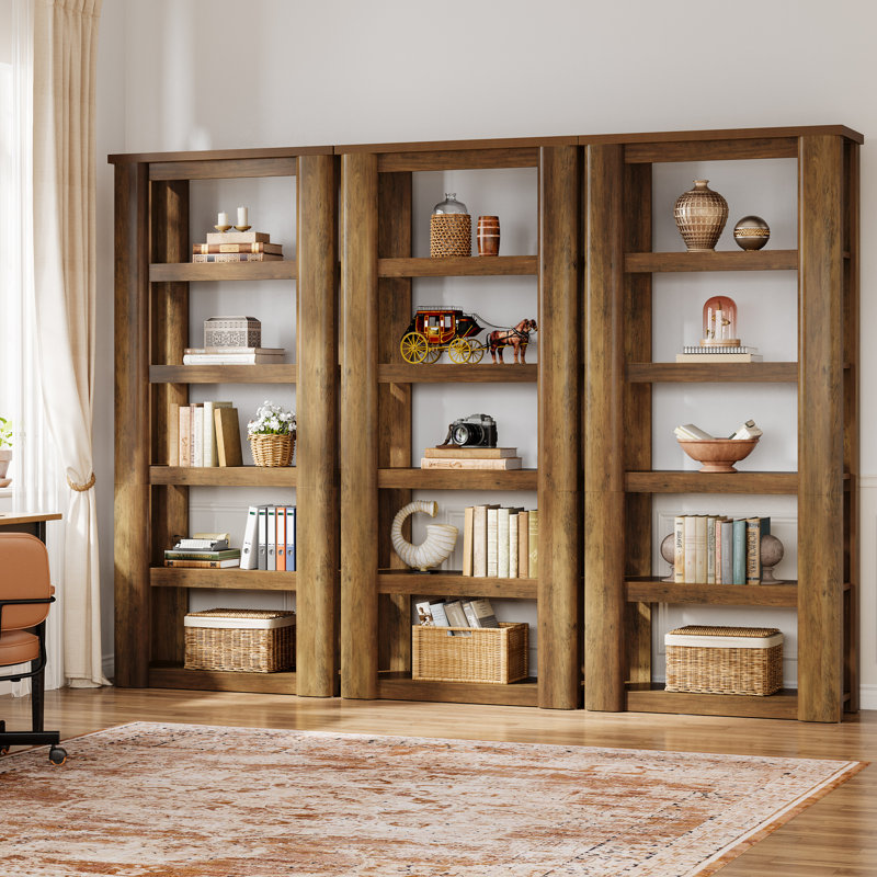 Ensemble de 2 bibliothèques ouvertes de 5 étages de 71 po de hauteur avec bibliothèque en grain de bois rétro pour le salon, le bureau personnel et une tablette de rangement brun rustique