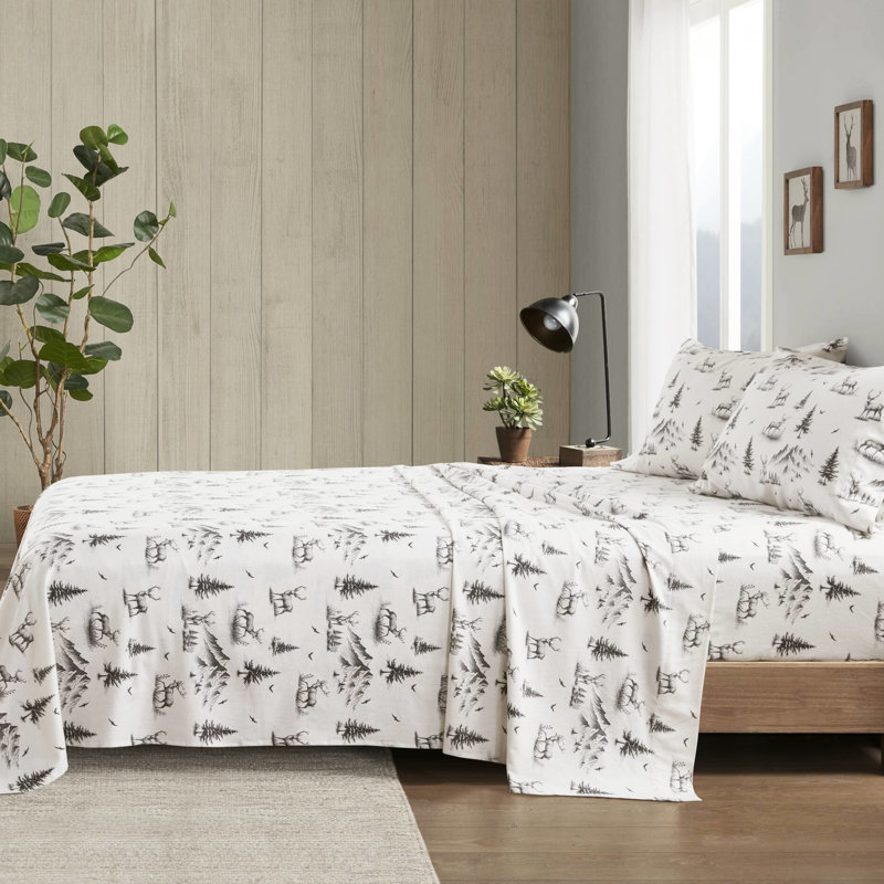 Ensemble de 4 draps en flanelle de cerf gris 100% coton pour lit double / double 12 po grand / très grand / très grand 14 po
