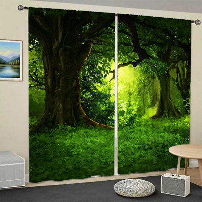 2 pièces de rideaux de forêt luxuriante, décor de mystérieux bois enchantés, effet de lumière naturelle, obscurcissement de la pièce et protection de la vie privée, conception à passe-tringle, pour la vie, la chambre à coucher, balcon, décoration intérieure