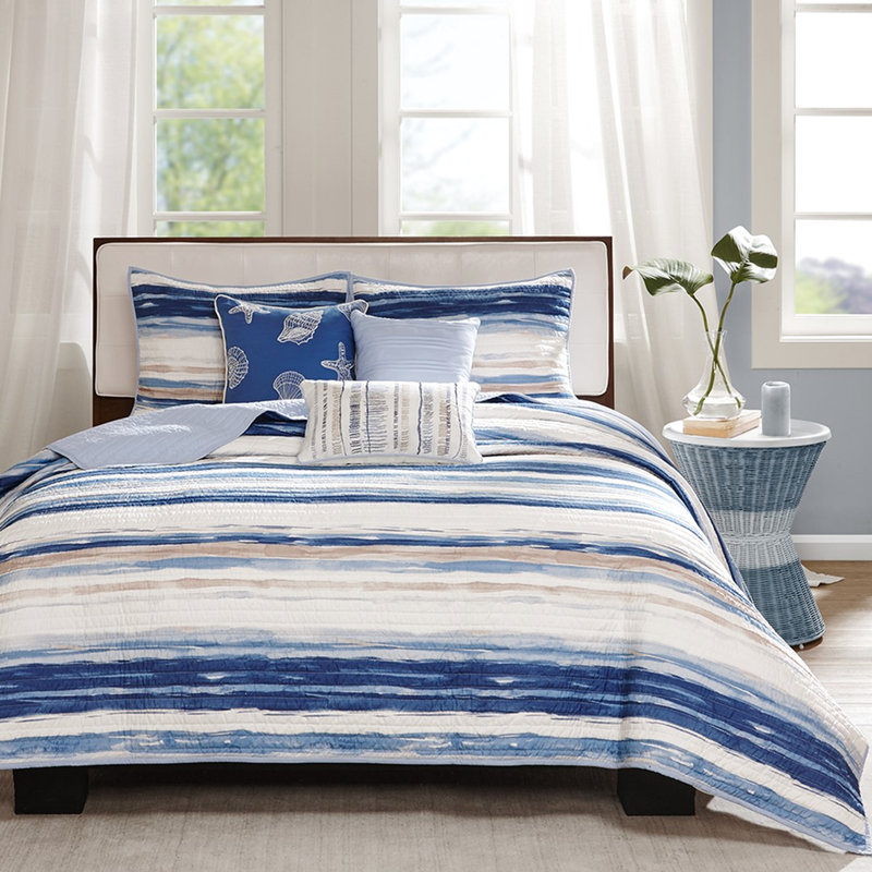 Courtepointe bleu très grand / très grand - 6 pièces avec coussin aquarelle pour coussins rayés, Bleu