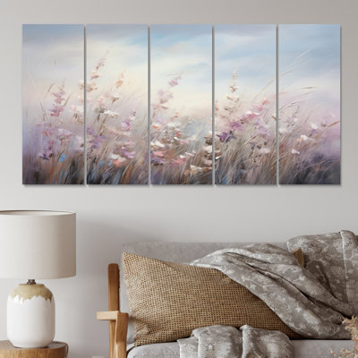 Fleurs mauves mauves Whispering Breeze II - Art mural sur toile floral - 5 panneaux égaux