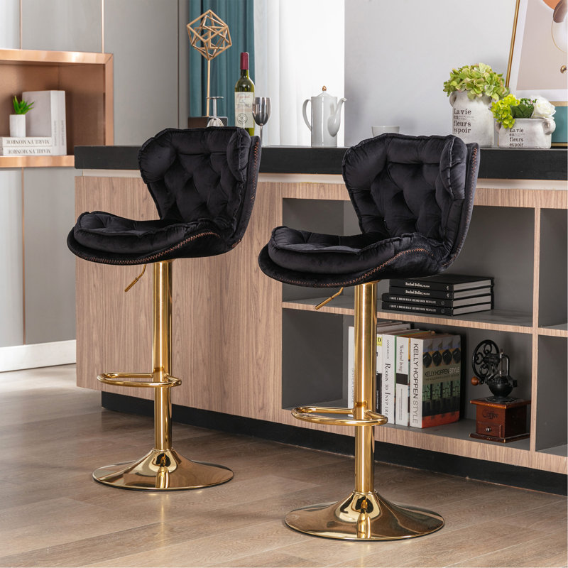 Ensemble de 2 tabourets de bar, avec repose-pieds chromé et base pivotante à hauteur réglable en velours mécanique + tabouret de bar simple Golden Leg - noir