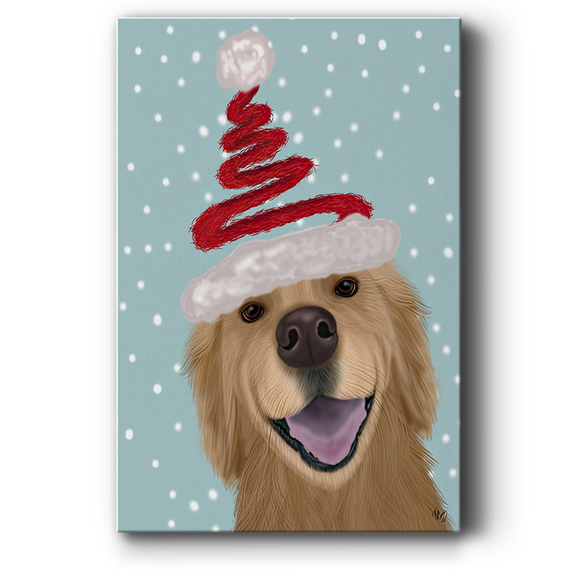 «Christmas Golden Retriever and Spring Santa Hat», toile tendue avec châssis, H 18 po x l 12 po x P 1,5 po