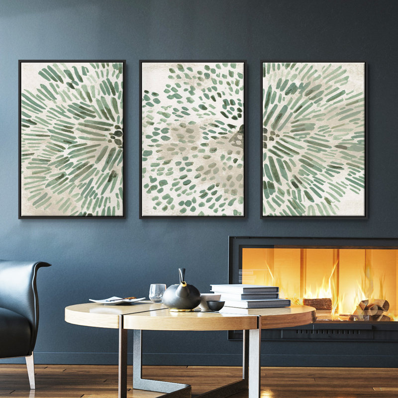«Green Flowerhead I», ensemble de 3 pièces encadrées sur toile, H 40 po x l 78 po, Cadre noir