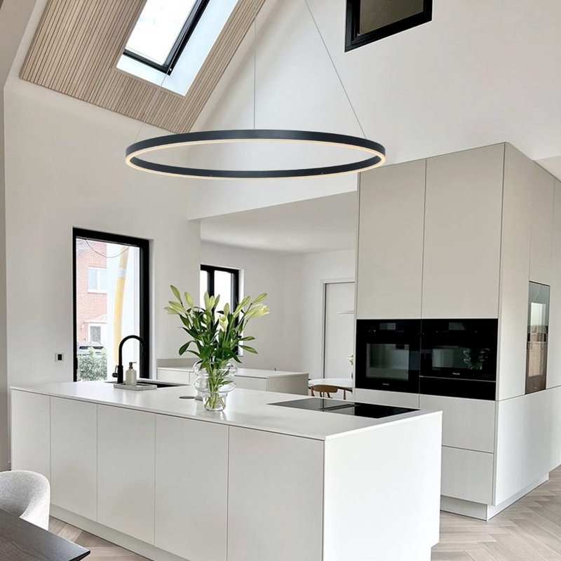 Stockham 1-Light Unique Geometric Chandelier Round Circle LED Kitchen Island Pendant, Matte Black, 3.5" H x 32" W x 32" D