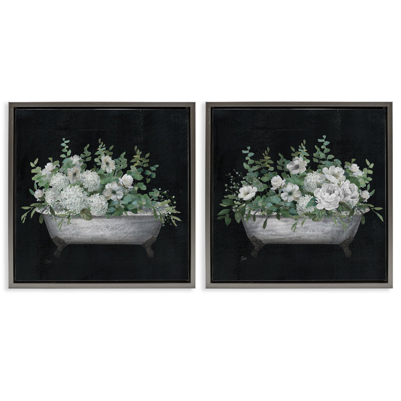 Ensemble de 2 bacs de trempage remplis de fleurs blanches encadrées par Nan, Cadre flottant gris lustré, H 18 po x l 18 po