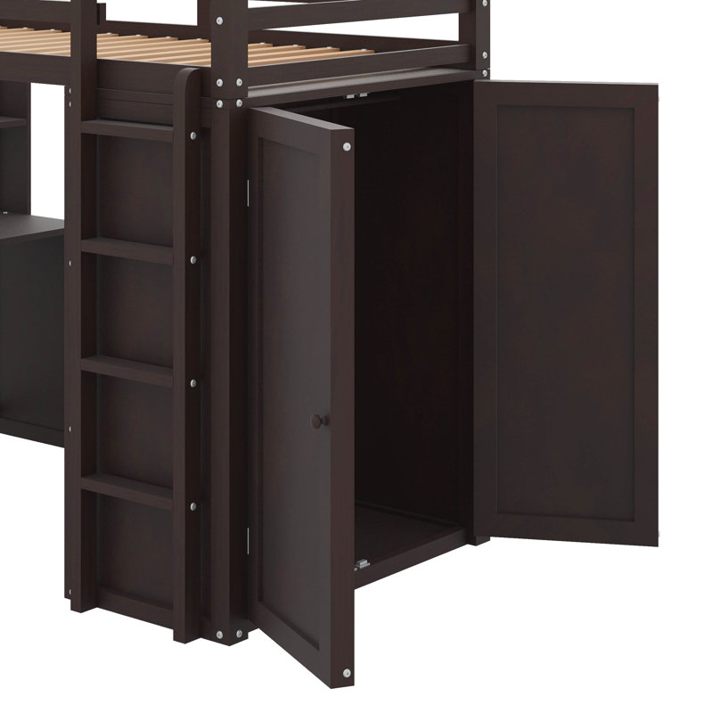 Lit mezzanine simple avec bureau, tiroirs et garde-robe, Espresso