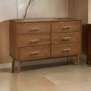 Roma 47 Inch Wide Dresser, 6 Drawers, Nickel Handles, Walnut Brown Wood