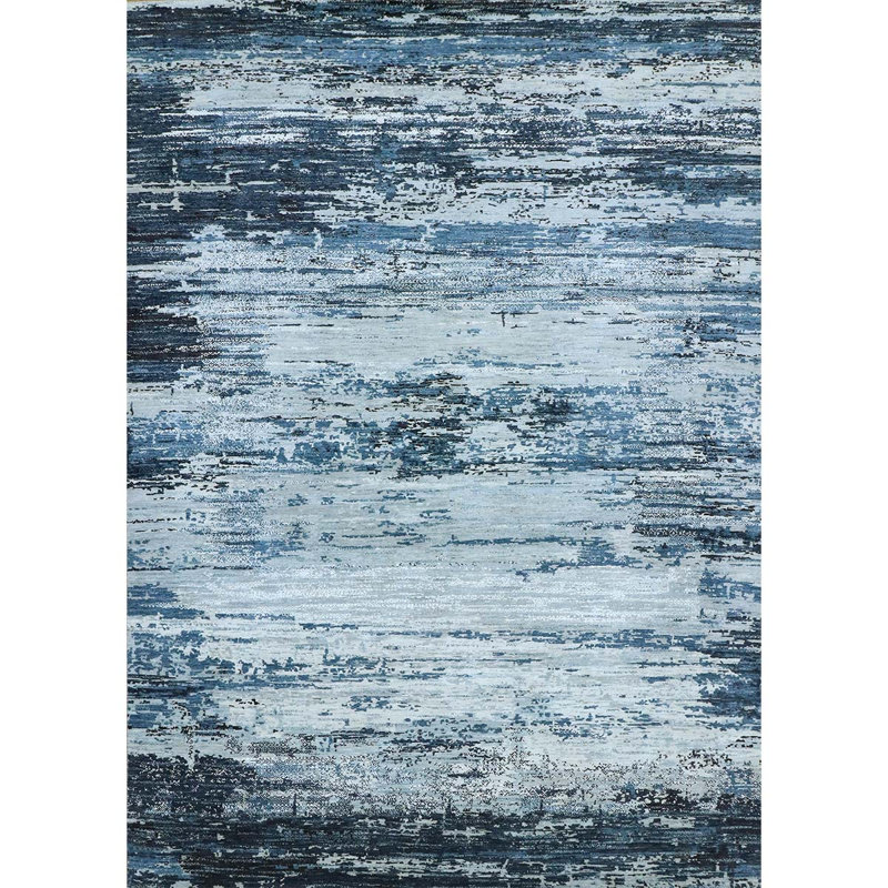 Tapis en laine noué à la main en bleu / gris, Rectangle 8 pi x 10 pi