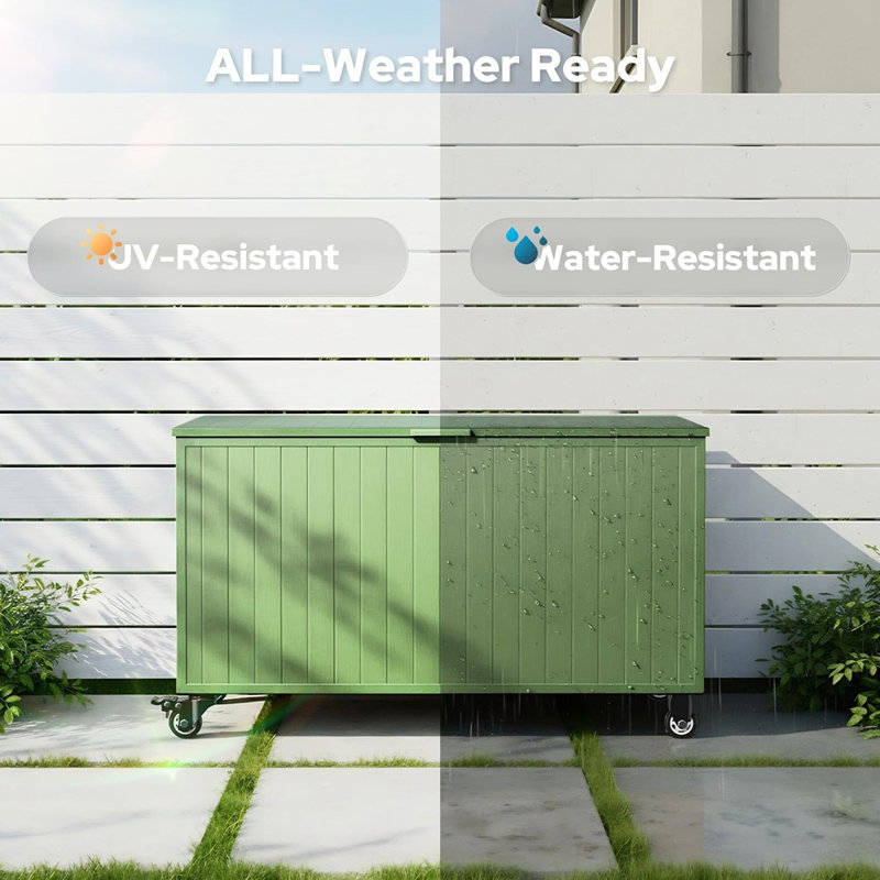 150-Gallon Outdoor Metal Storage Box With Wheels – Waterproof Deck Chest For Patio, Backyard, Pool Toys, Garden Tools, And Cushions (Green)