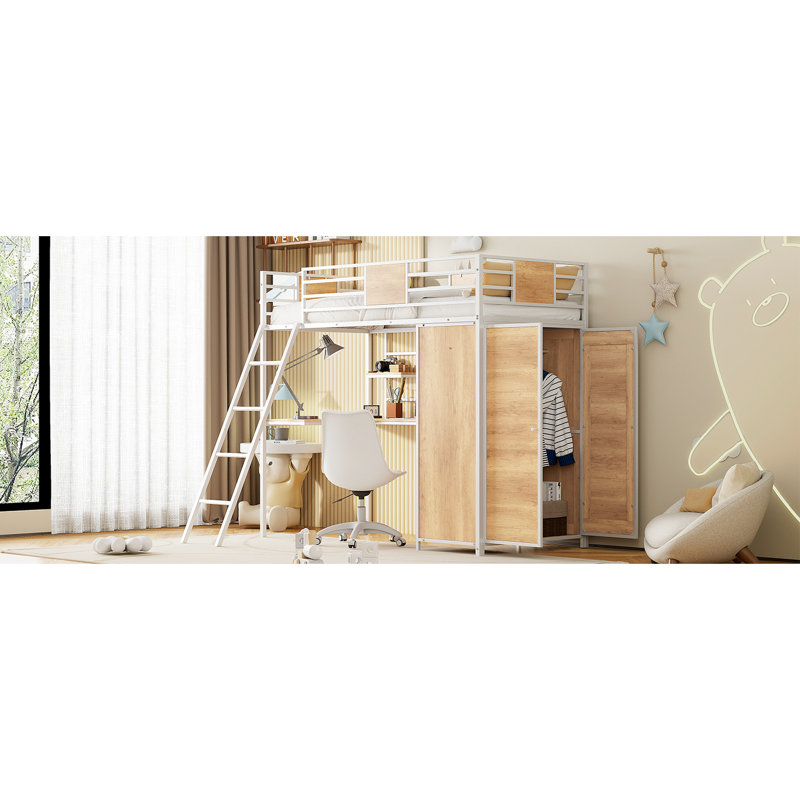 Lit mezzanine simple en blanc avec bureau en forme de L et garde-robe de rangement fonctionnel pour vêtements - matériaux, capacité de 250 lb, l 77,2 po x l 61,7 po avec construction organisée, hauteur de 67,9 po et poids de 156,6 po