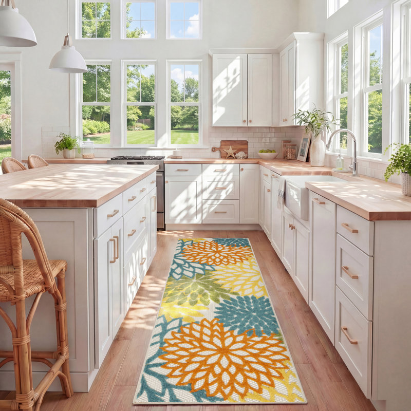 Tapis intérieur / extérieur floral Armone, Tapis de couloir 2 pi 3 po x 8 pi