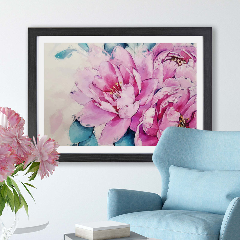 'Watercolour Pink Peonies' - Picture Frame Painting Print on Paper, 62cm H x 87cm W x 2cm D, Black