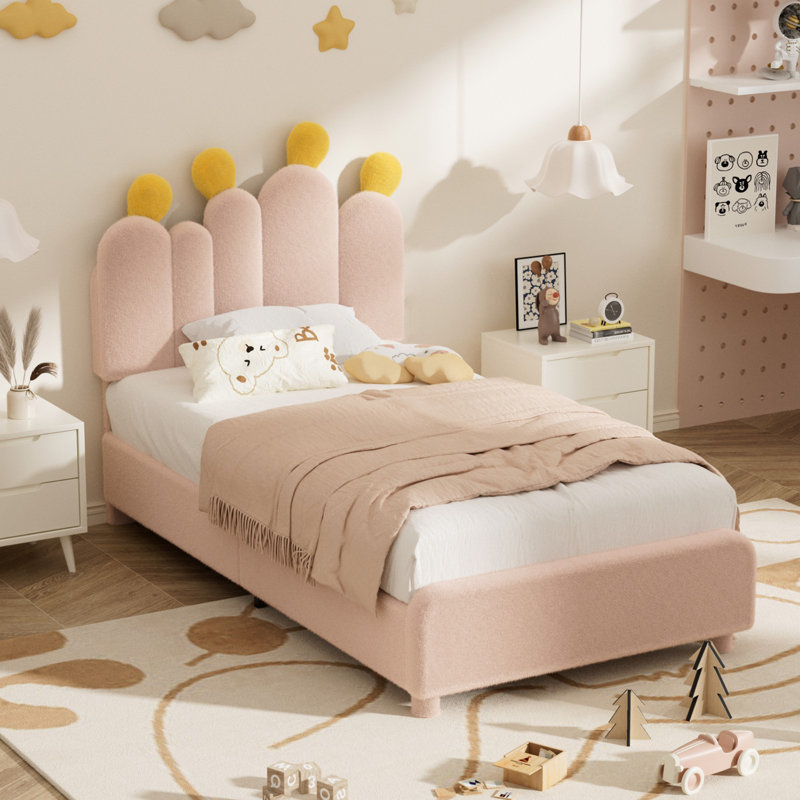 Cactus-Shaped Teddy Fleece Bed - Pom-Pom Headboard, Sturdy & Noise-Free, Easy Assembly, Twin, Pink