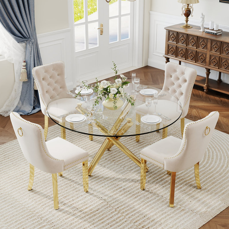 Ensemble de salle à manger à piédestal rond 5 pièces avec chaise capitonnée en velours pour salle à manger et salon, Beige