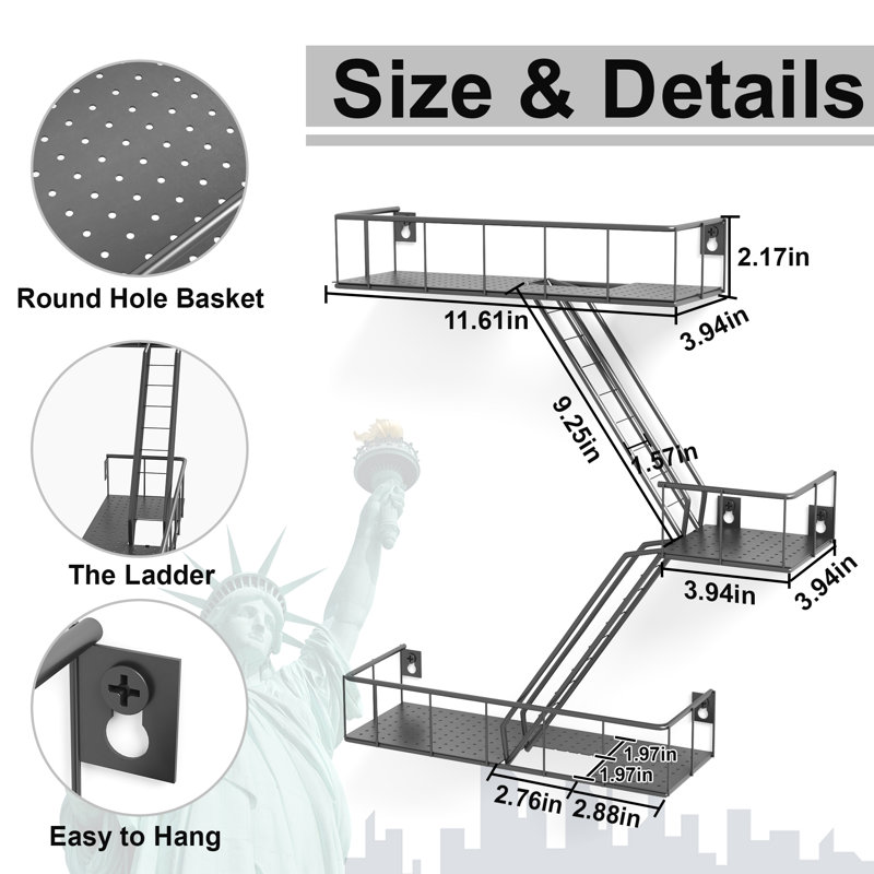 Fire Escape Wall Shelf With Baskets, 3-tier Metal Fire Escape Ladder Shelf Wall Organizer, New York Inspired Decorative Shelf, Floating Action Figurine Display Shelves For Bedroom, Home Décor