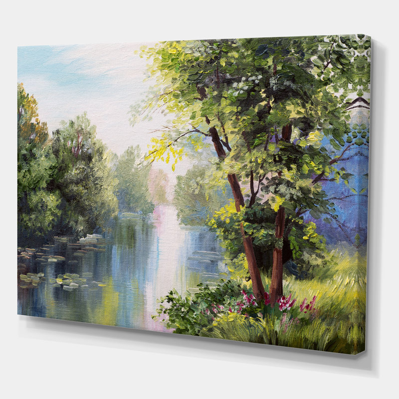 Paysage - Lac dans la forêt, journée d'été - paysages, art mural sur toile, H 16 po x l 32 po x P 1 po, Toile tendue
