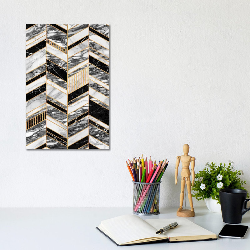 Motif abstrait à chevrons - marbre noir et blanc, H 40 po x l 26 po x P 1,5 po