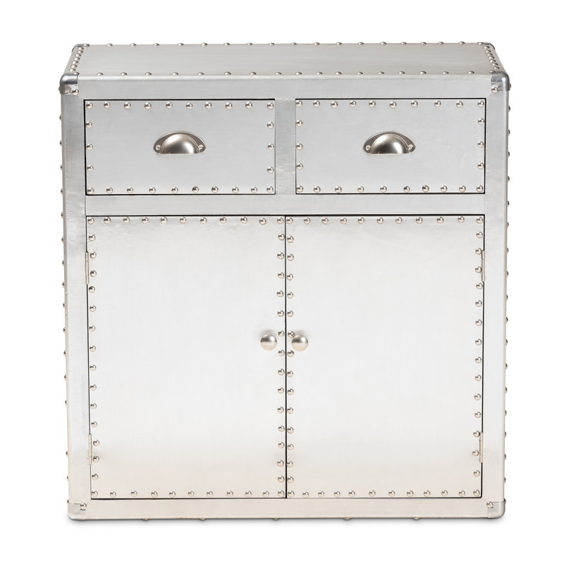 Armoire décorative en métal à 2 portes / tiroirs Gofried au fini argenté, H 28,20 po x l 27,40 po x P 13,63 po