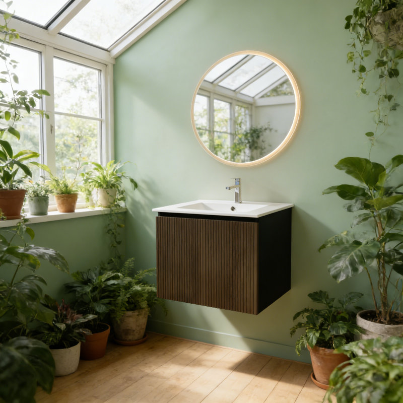 Ensemble de meuble-lavabo flottant 24 po avec porte-serviettes et évier en acier inoxydable et fabrication en céramique, Brun