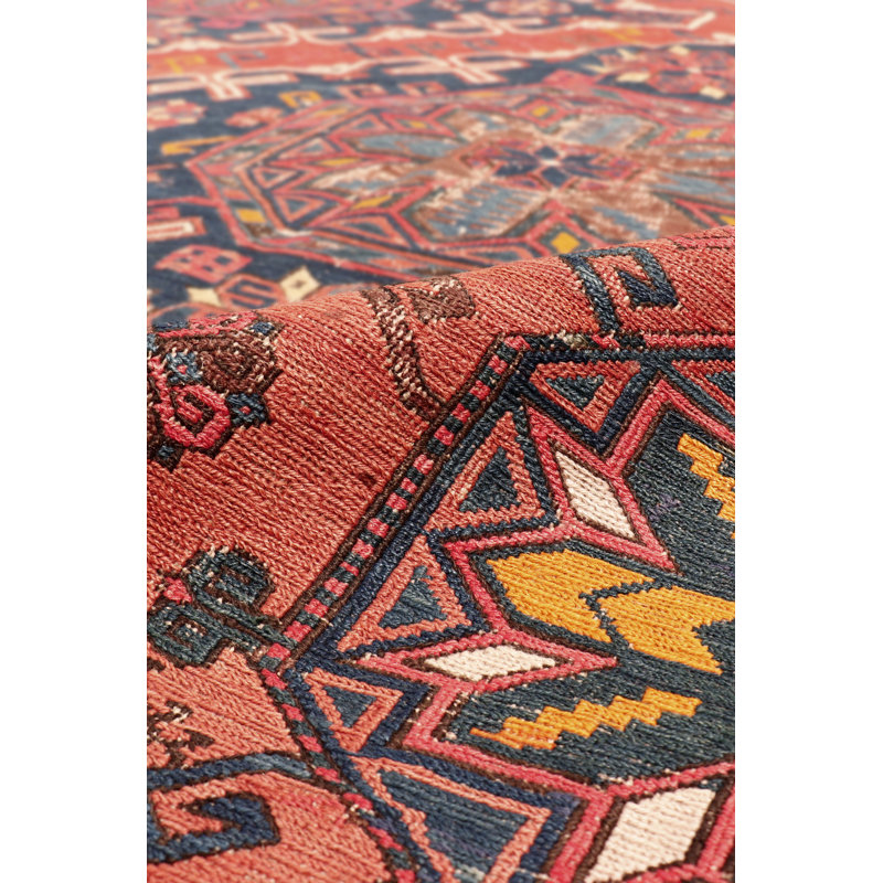 Tapis rouge / bleu marine / rouille en laine noué à la main de conception unique Sumak
