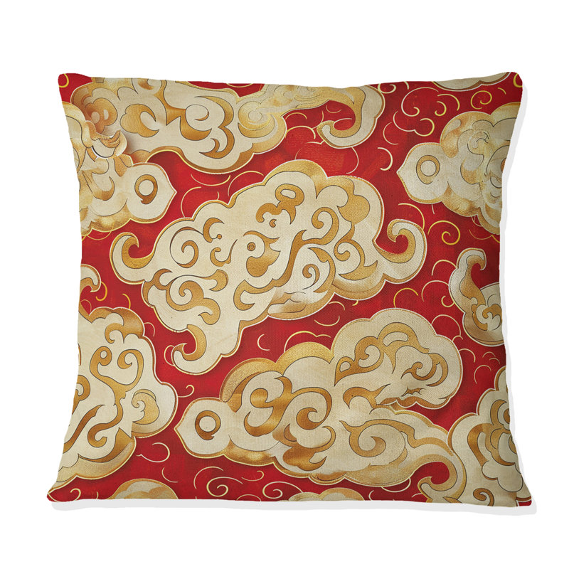 Nuage chinois doré et rouge - Coussin décoratif traditionnel chinois, Carrée, H 18 po x l 18 po