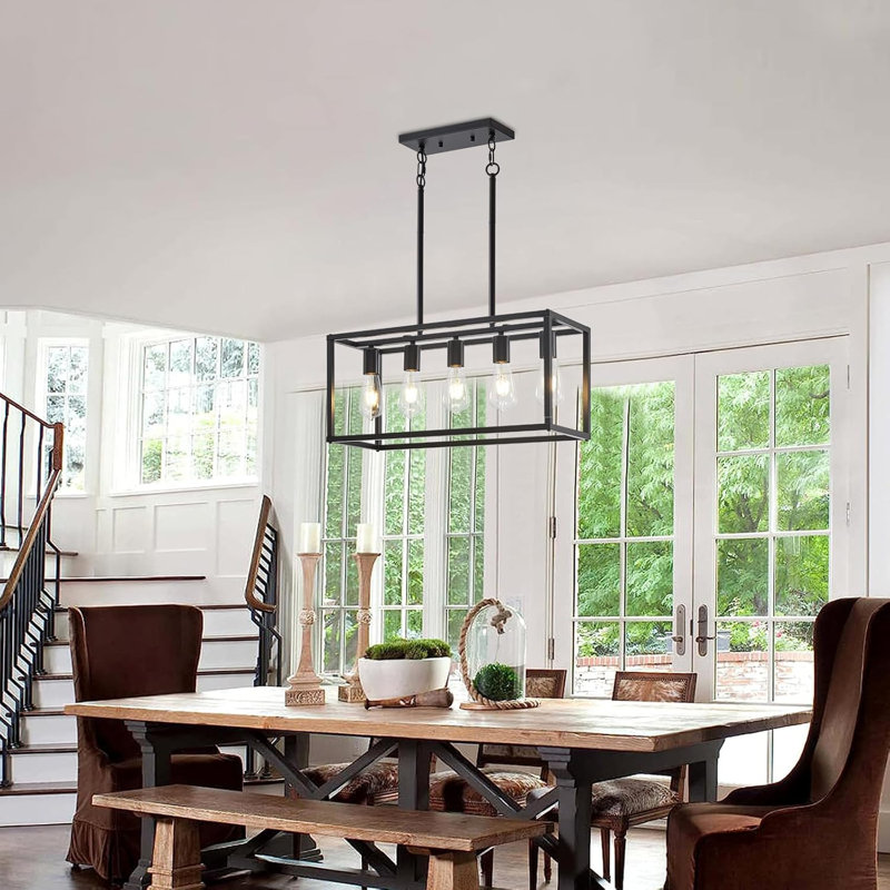 Lustre rectangulaire noir de style campagnard pour îlot de cuisine / salle à manger, 5 lumières, hauteur réglable