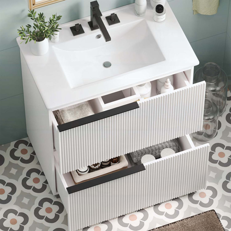 30 Inch Bathroom Vanity with Ceramic Sink,Full-Extension Drawers,Soft Close Slides,and Fluted Design for Modern Bathrooms