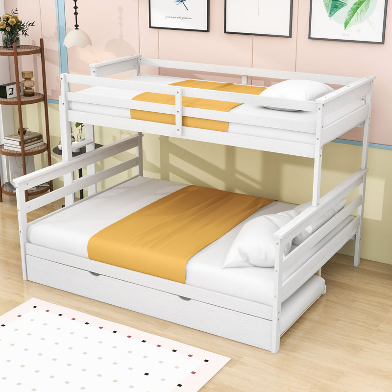 Twin XL over Queen Wood Bunk Bed with Twin Trundle and Ladder, White