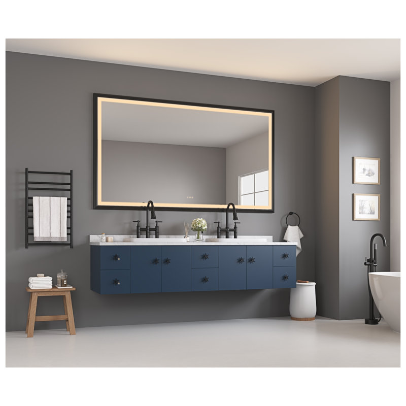 Miroir de salle de bain rectangulaire surdimensionné de 72 po x H 48 po à DEL avec cadre en aluminium noir mat et commandes tactiles intelligentes