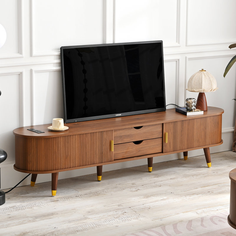 TV Stand For Tvs Up To 80" with Charging Station & Sliding Tambour Door, Black
