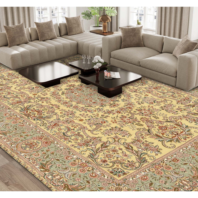 High-Quality Hand-Knotted Gold And Light Green Area Rug