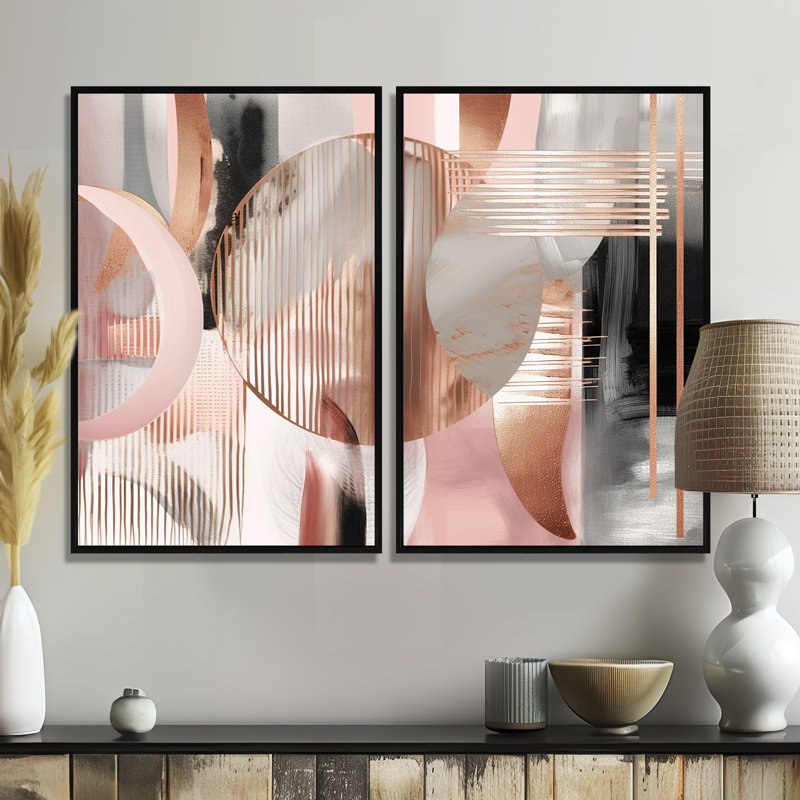 Rayures et lignes roses, art moderne IV - formes modernes abstraites, art mural grand transitionnel, 2 pièces, Black
